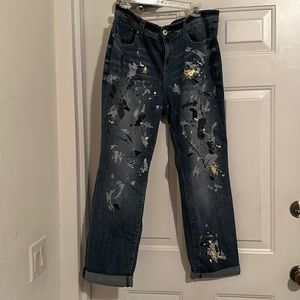 Blue denim splash with black yellow and light purple on front and back